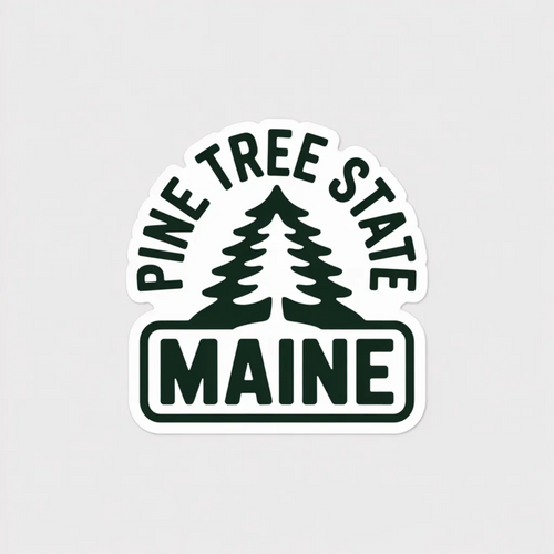 Sticker with 'Pine Tree State Maine' text and design on a light gray background